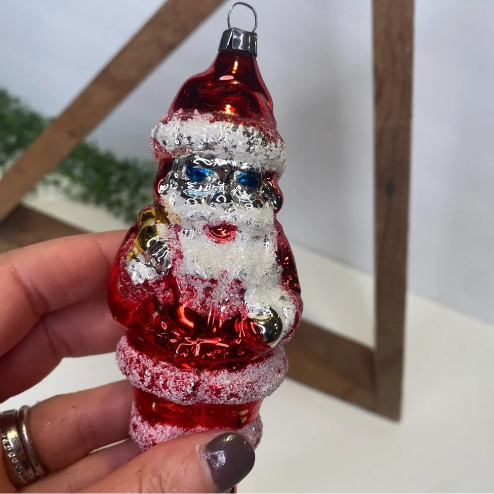 Vintage West Germany Santa Blown Glass Ornament Glitter Blue Eyes